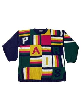 Vintage Paris Sport Club Chunky Patchwork Knit Sweater Pullover Oversized L